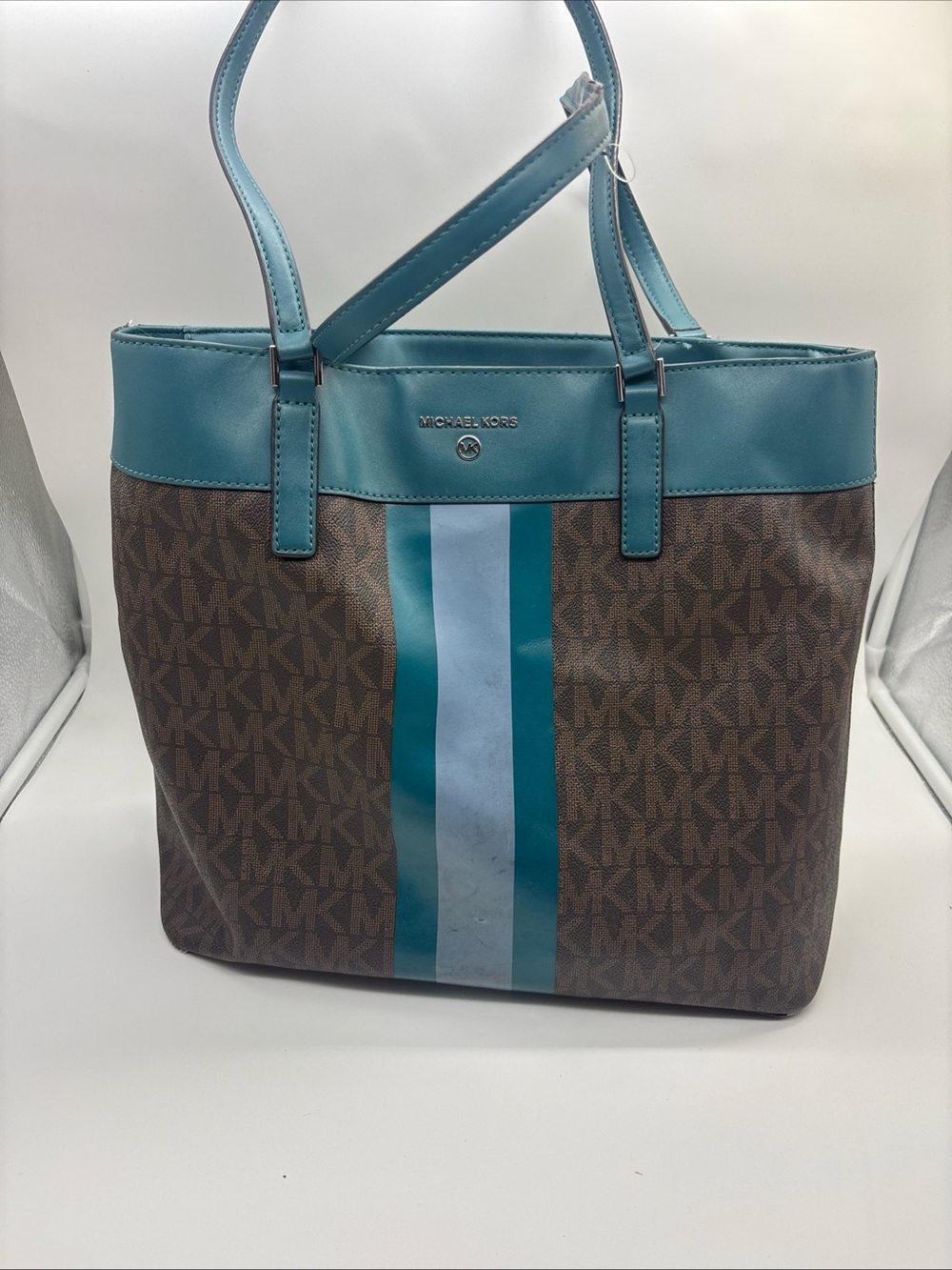 Michael Kors Brown MK Logo Tote with Teal and White Stripe